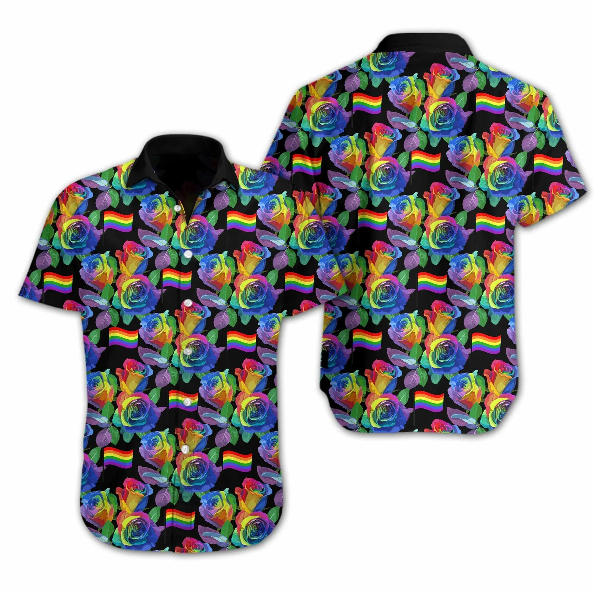 Ally Pride Shirt, Colorful Flag Of Lgbt Rose Design Hawaiian Shirt