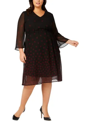 Anne Klein Black Printed Sheer V Neck Party Dress, Plus Size 24W