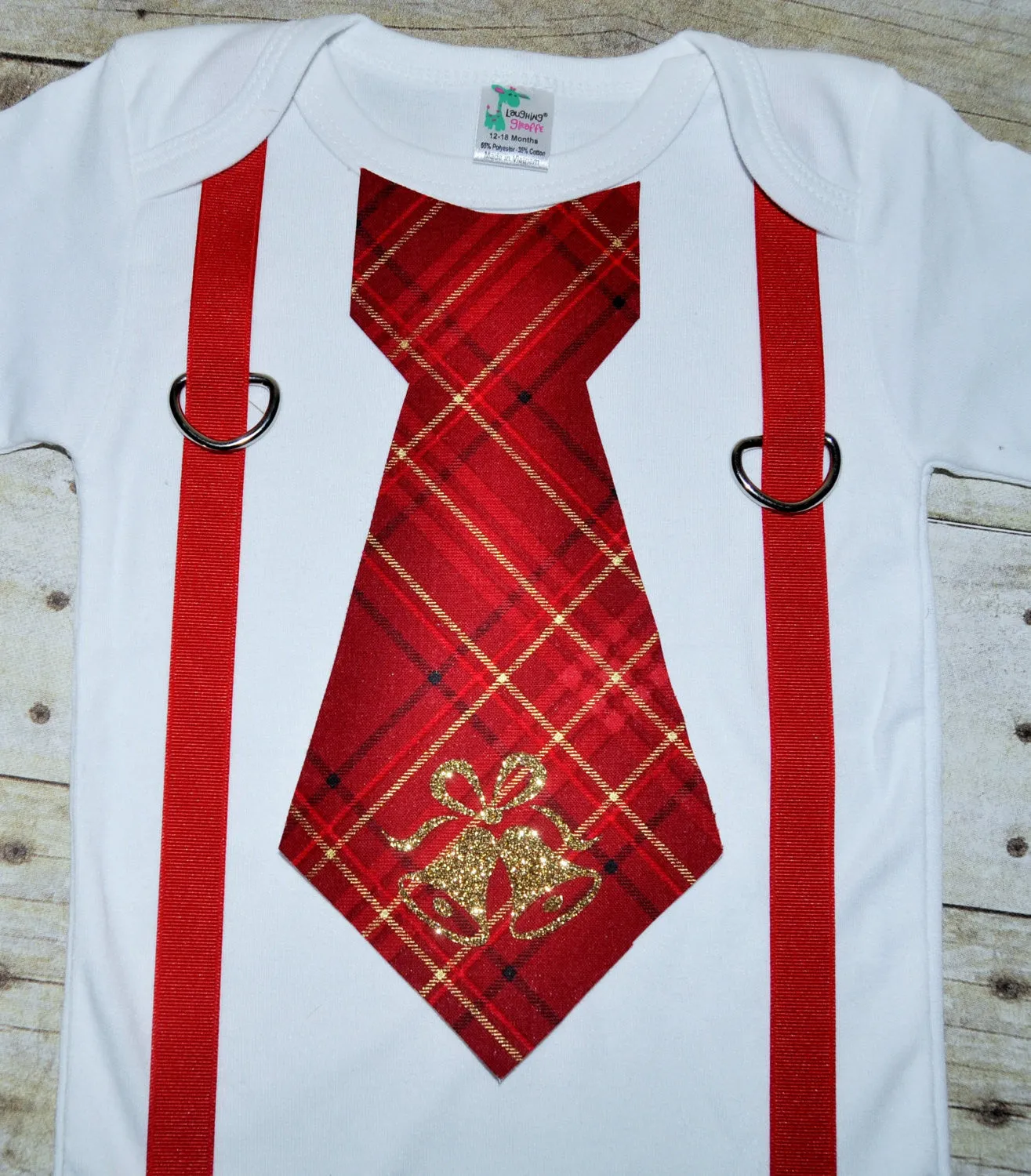 Baby/Toddler christmas bodysuit with suspenders and tie, glitter oranament, Christmas bodysuit, christmas shirt, red and gold