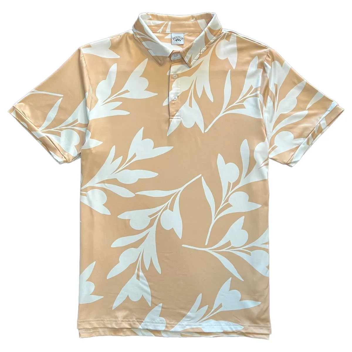 Beige And White Olive Branch Print Men's Golf Shirt