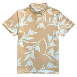 Beige And White Olive Branch Print Men's Golf Shirt