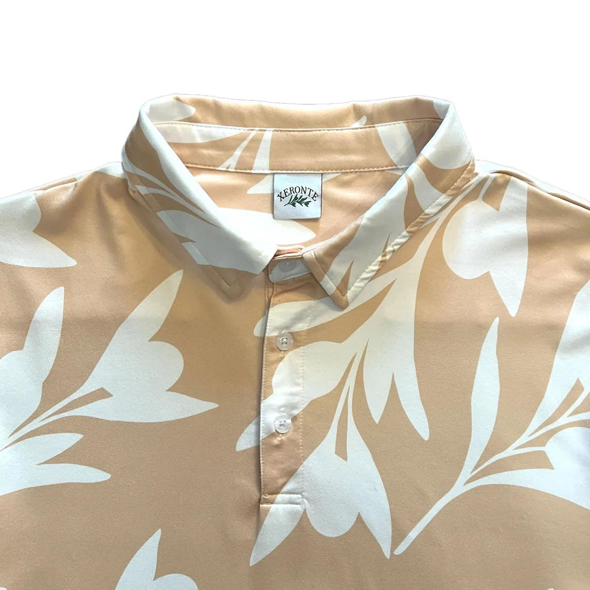 Beige And White Olive Branch Print Men's Golf Shirt