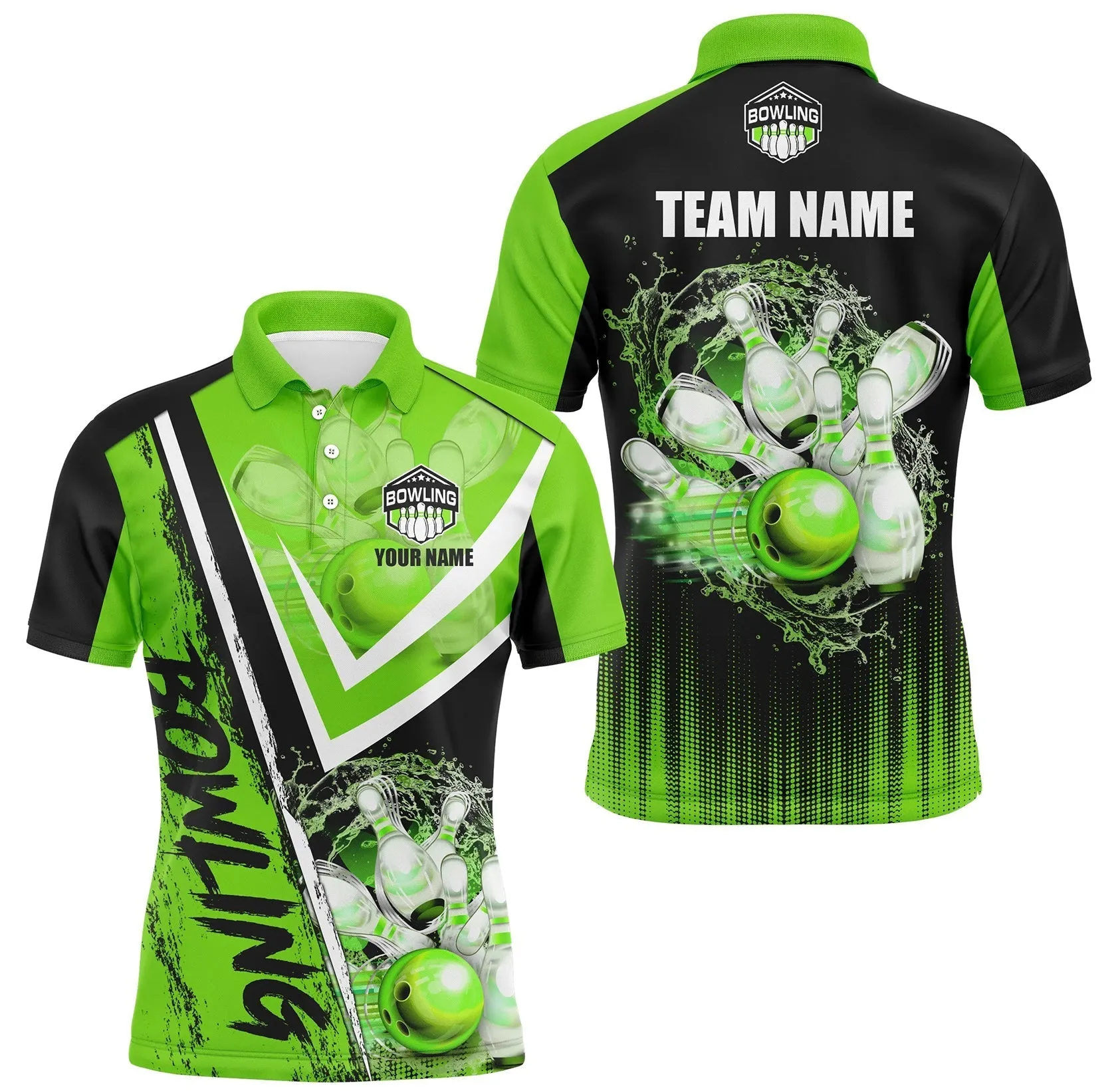 Black And Green Mens Bowling Long Sleeve Polo, Quarter Zip Shirts Custom Team Bowling Jerseys Bowling Outfits