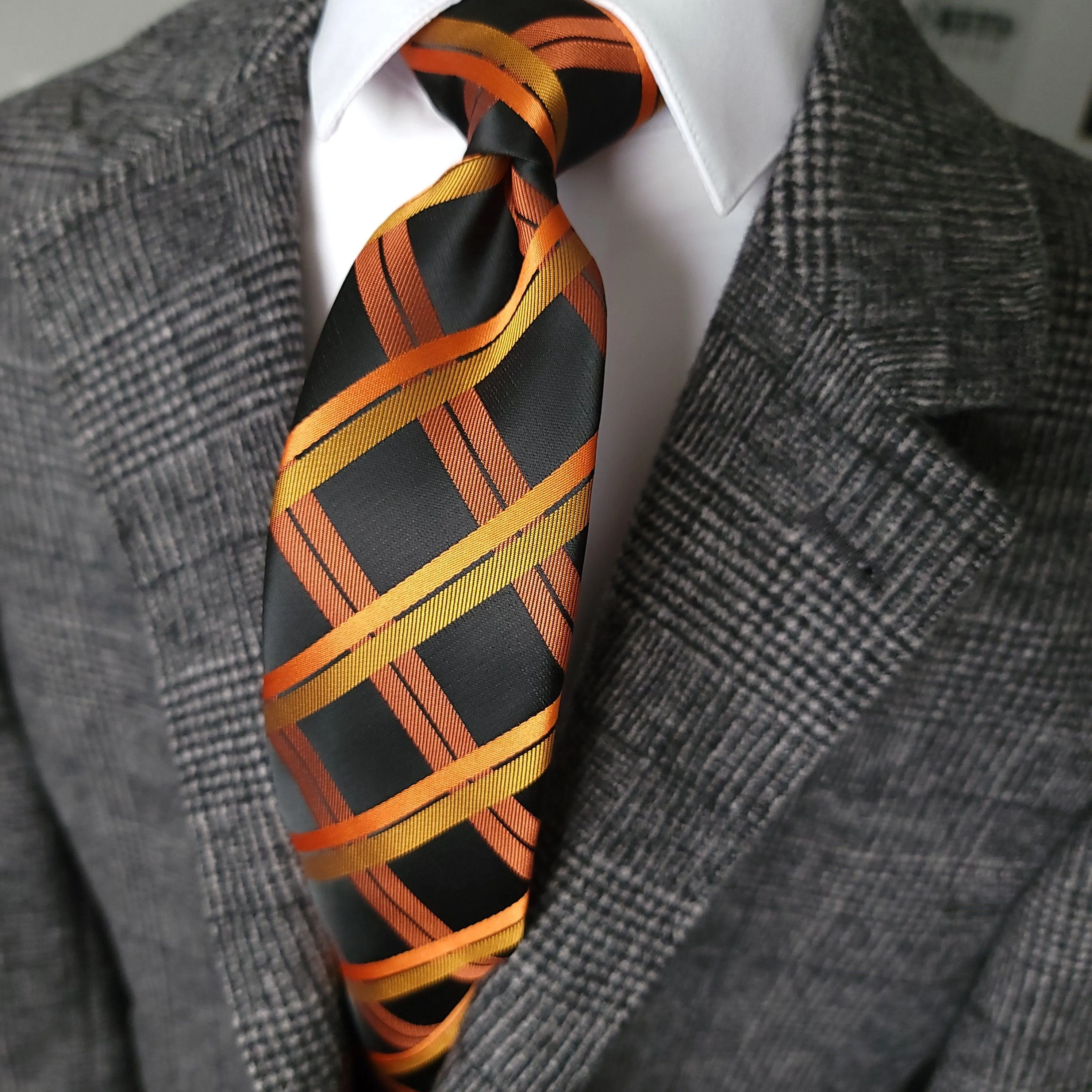 Black Orange Tie Set of Pocket Square & Cufflinks