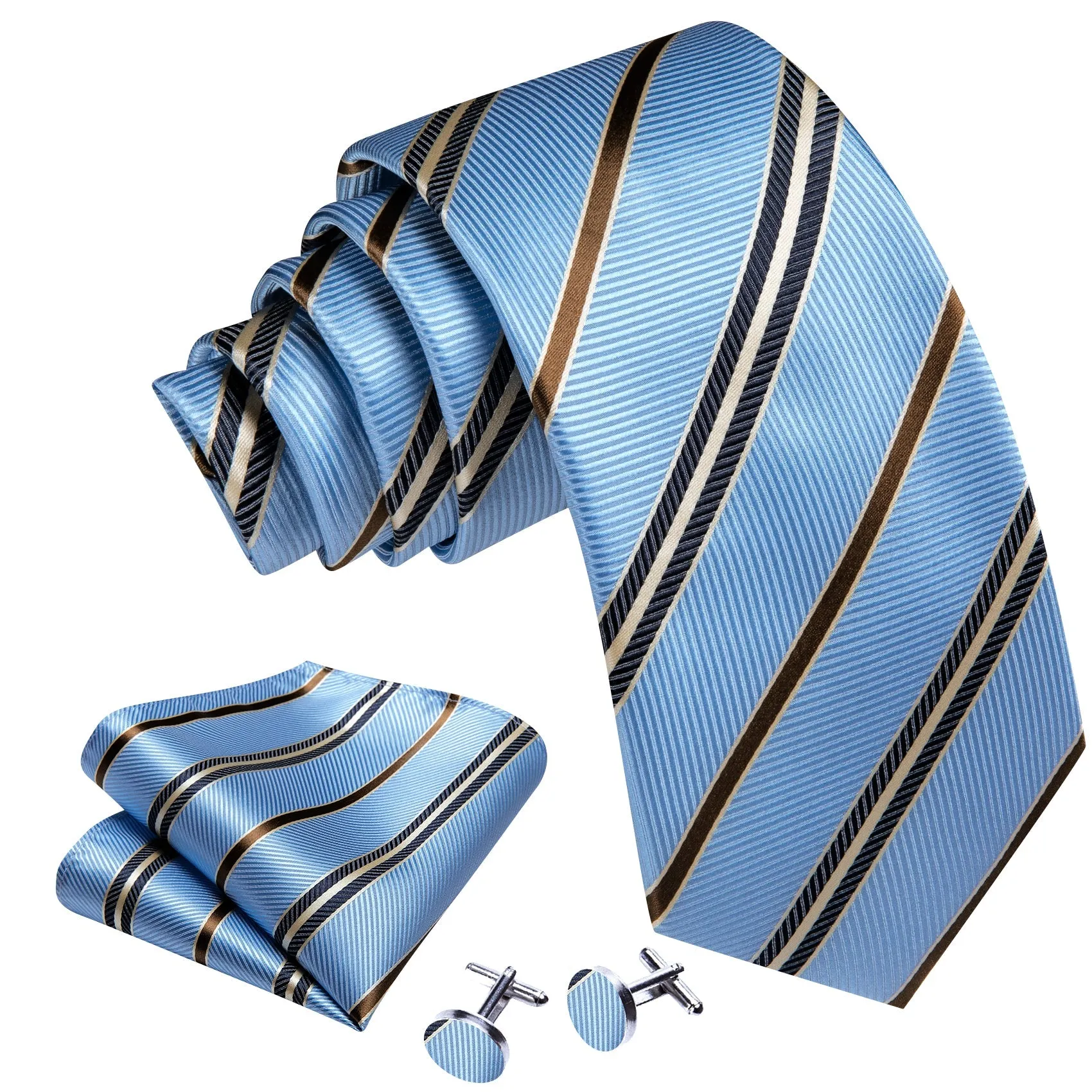 Blue Brown Black Striped Business Men's Necktie Pocket Square Cufflinks Set
