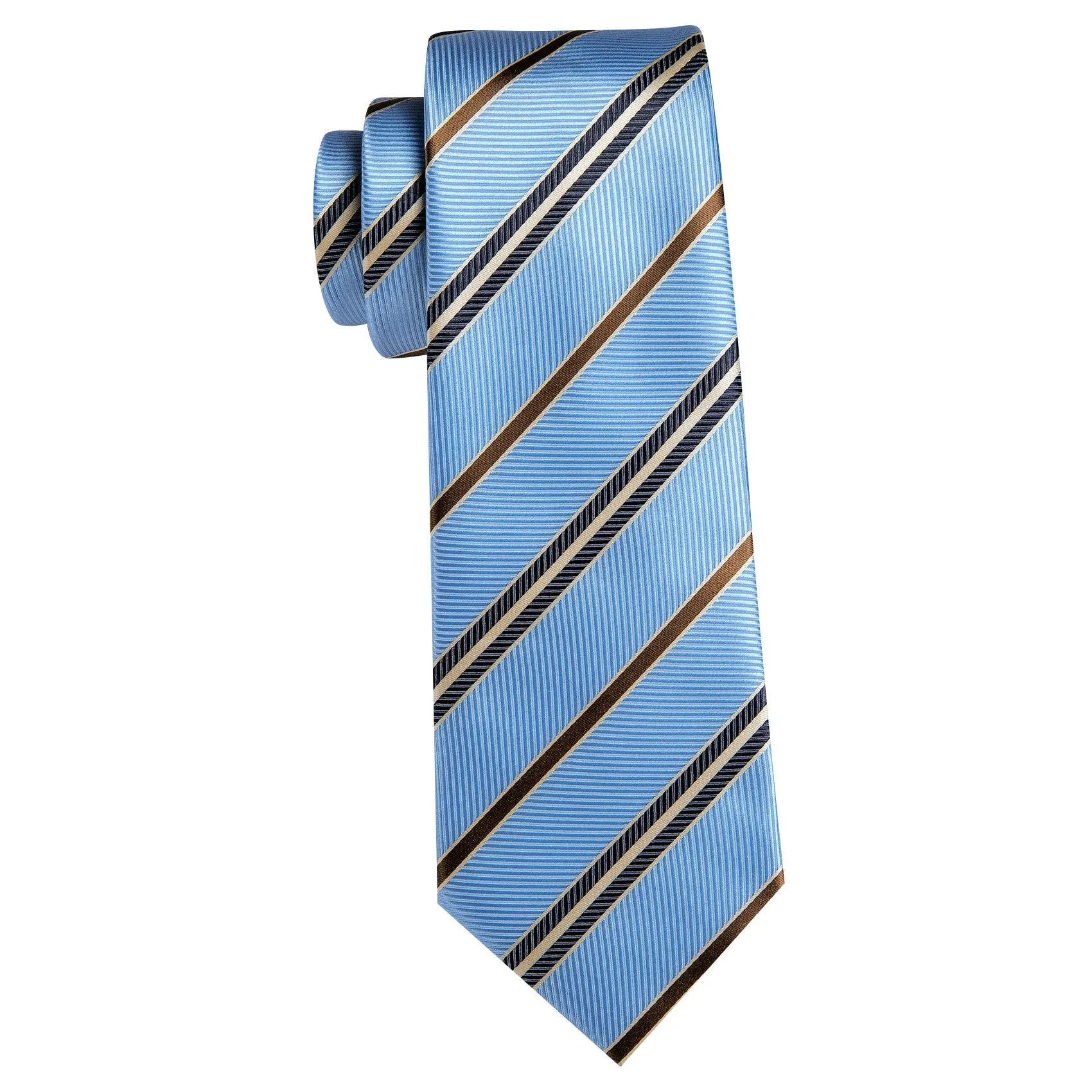 Blue Brown Black Striped Business Men's Necktie Pocket Square Cufflinks Set