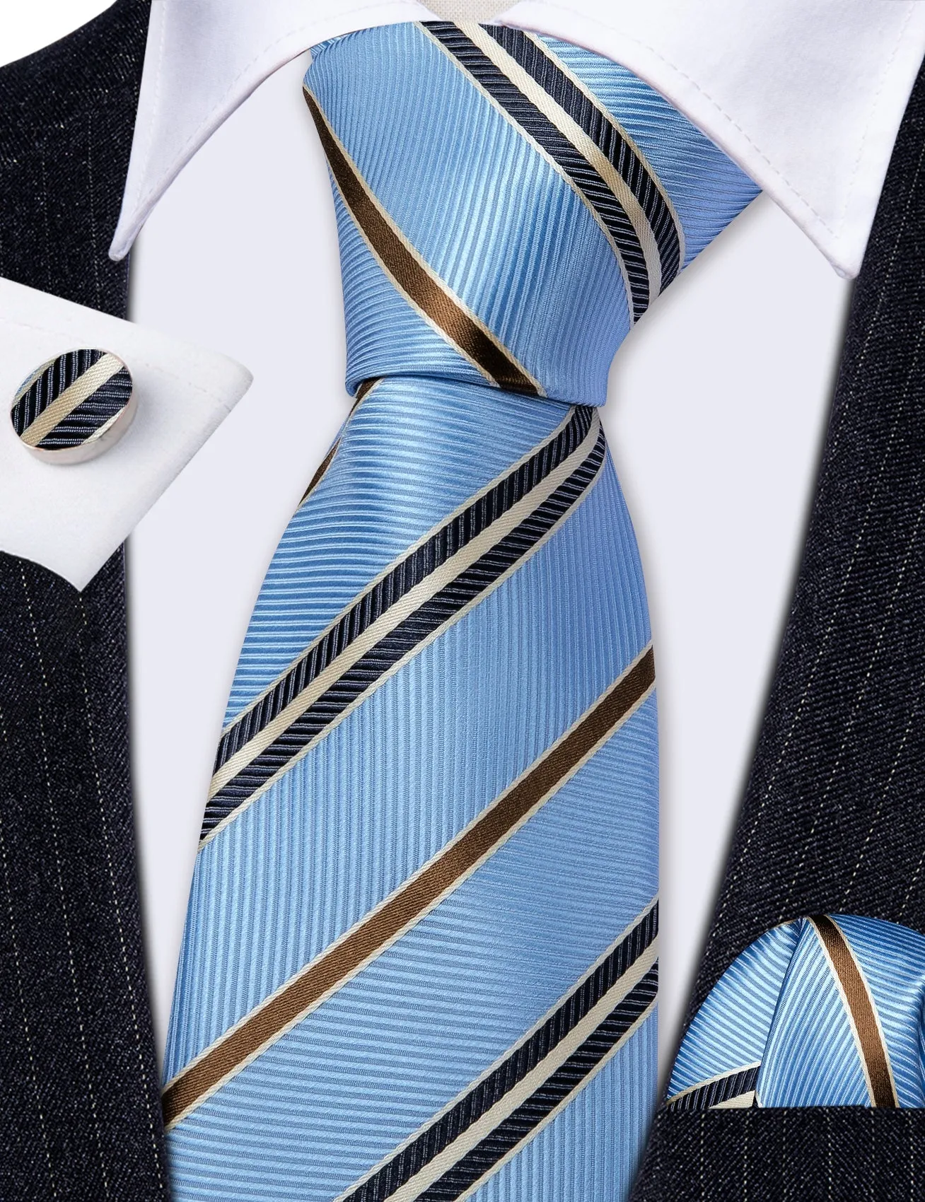 Blue Brown Black Striped Business Men's Necktie Pocket Square Cufflinks Set
