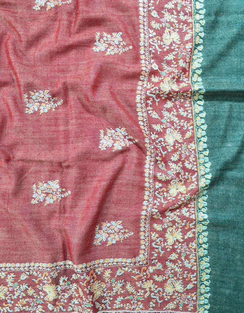 Bottle Green and Red Embroidery Pashmina Shawl 7294