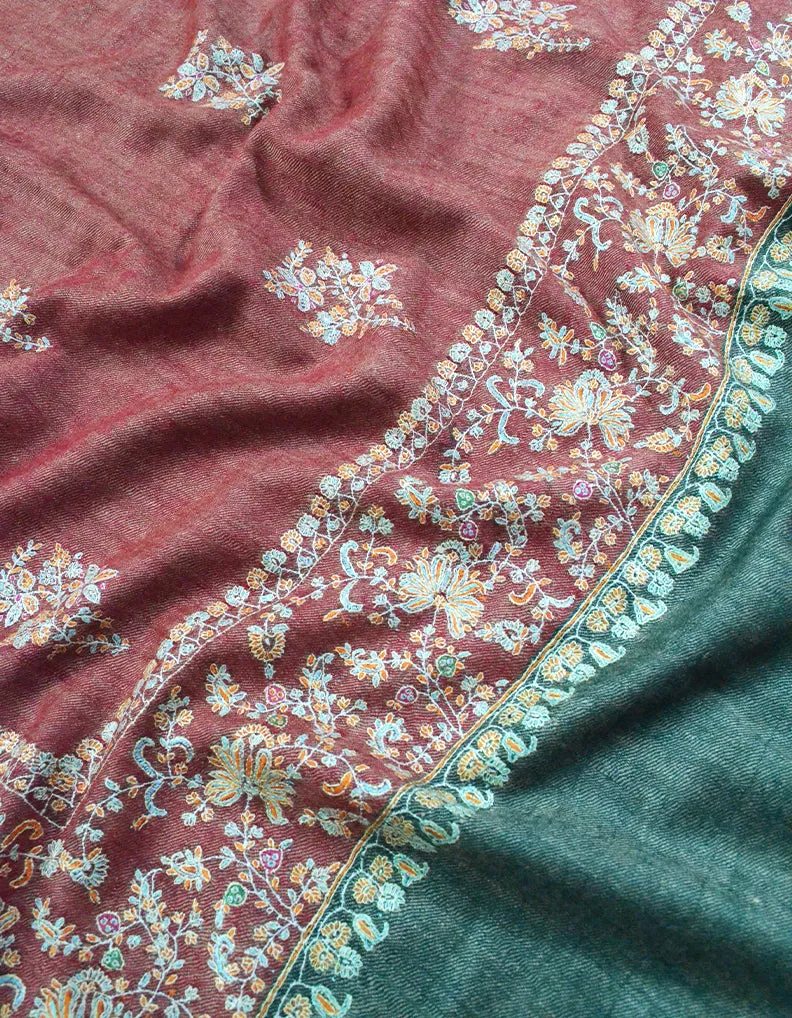 Bottle Green and Red Embroidery Pashmina Shawl 7294