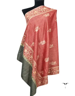 Bottle Green and Red Embroidery Pashmina Shawl 7294