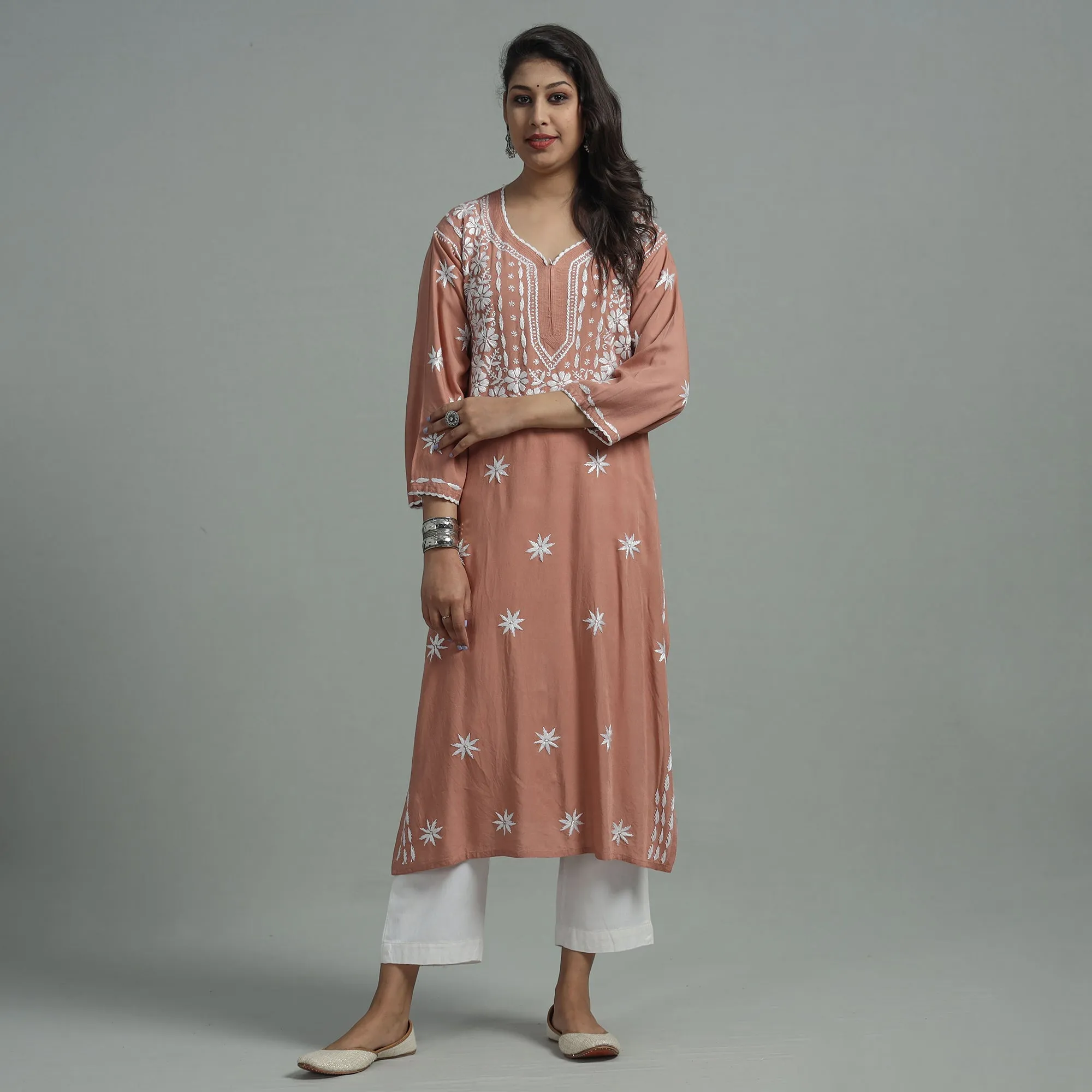 Brown - Chikankari Hand Embroidered Soft Cotton Long Kurta