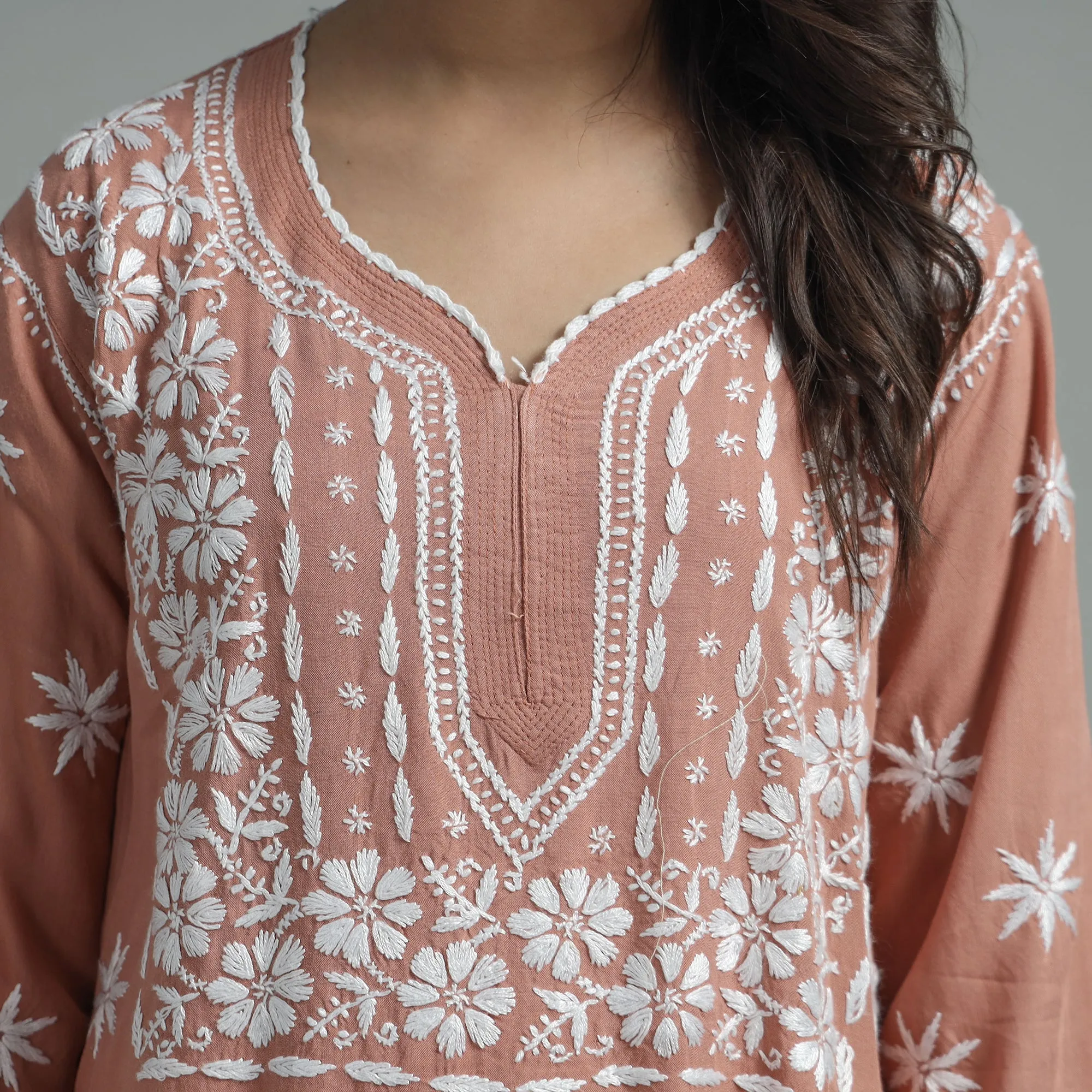 Brown - Chikankari Hand Embroidered Soft Cotton Long Kurta