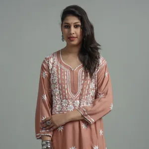 Brown - Chikankari Hand Embroidered Soft Cotton Long Kurta