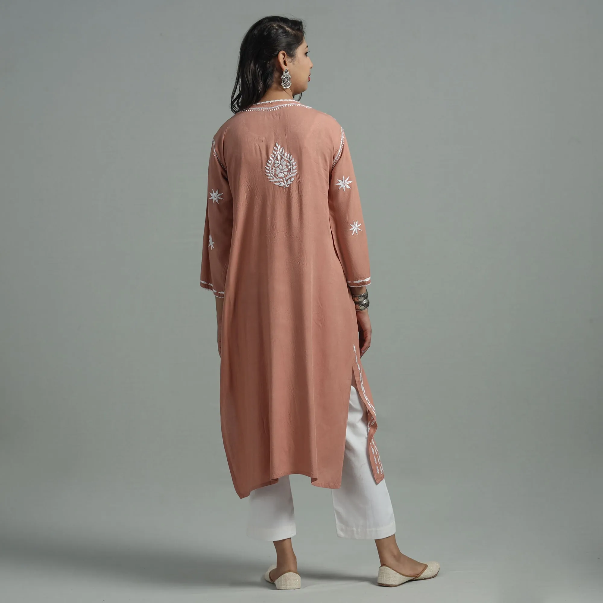 Brown - Chikankari Hand Embroidered Soft Cotton Long Kurta