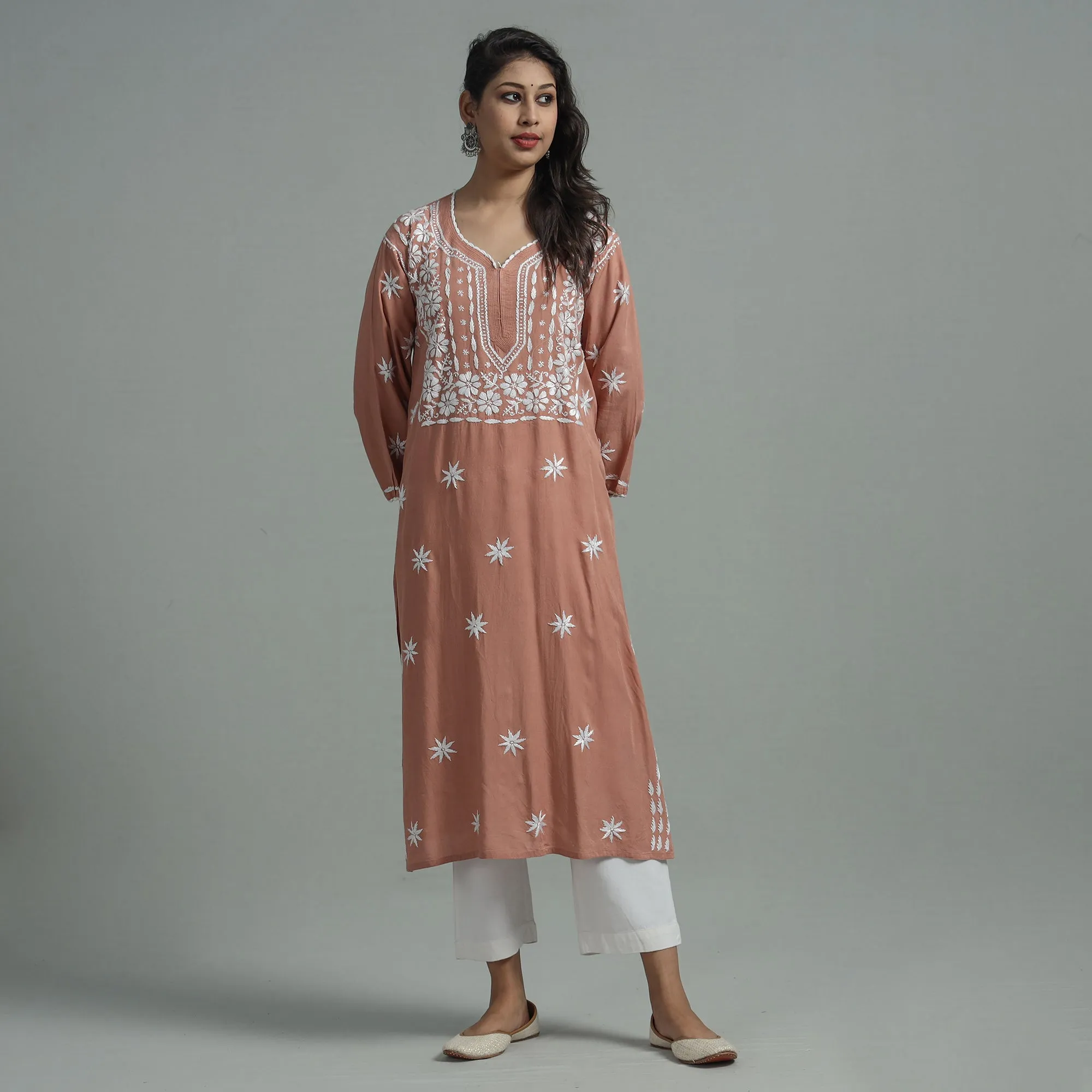 Brown - Chikankari Hand Embroidered Soft Cotton Long Kurta