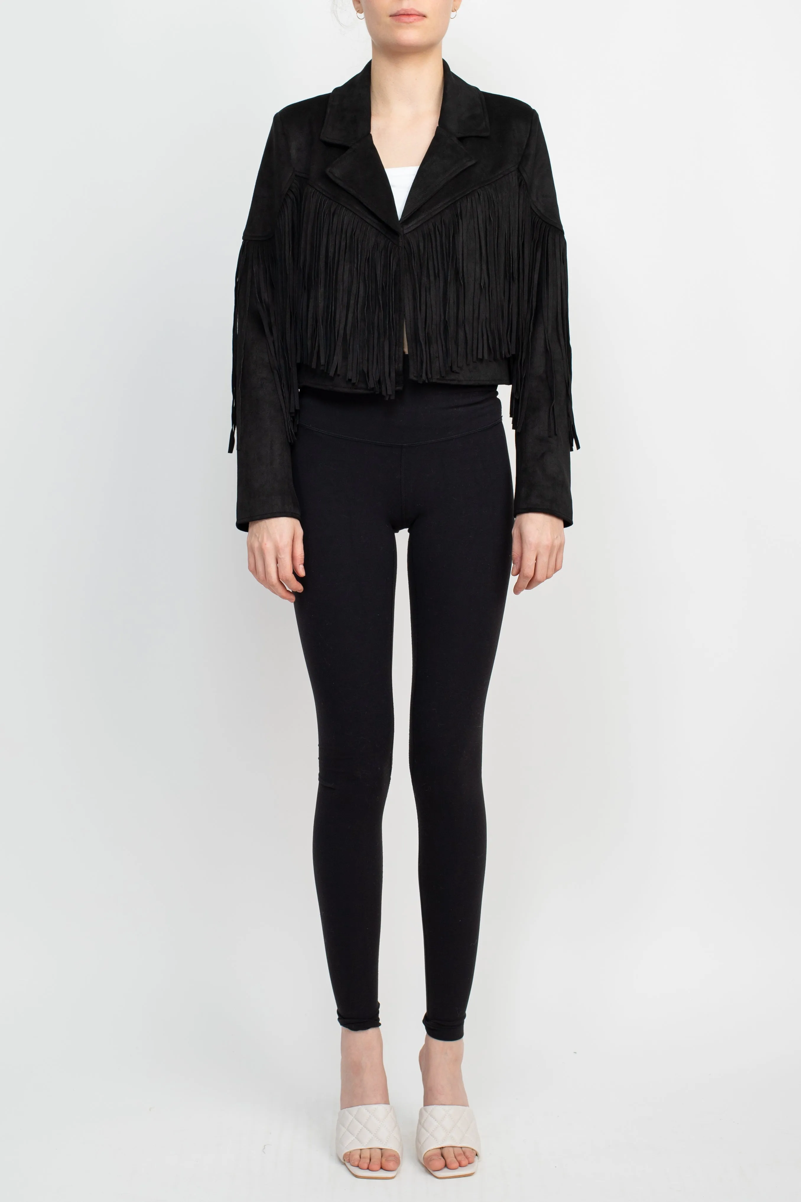 Catherine Malandrino Collared Neck Open Front Fringe Detail Long Sleeve Jacket