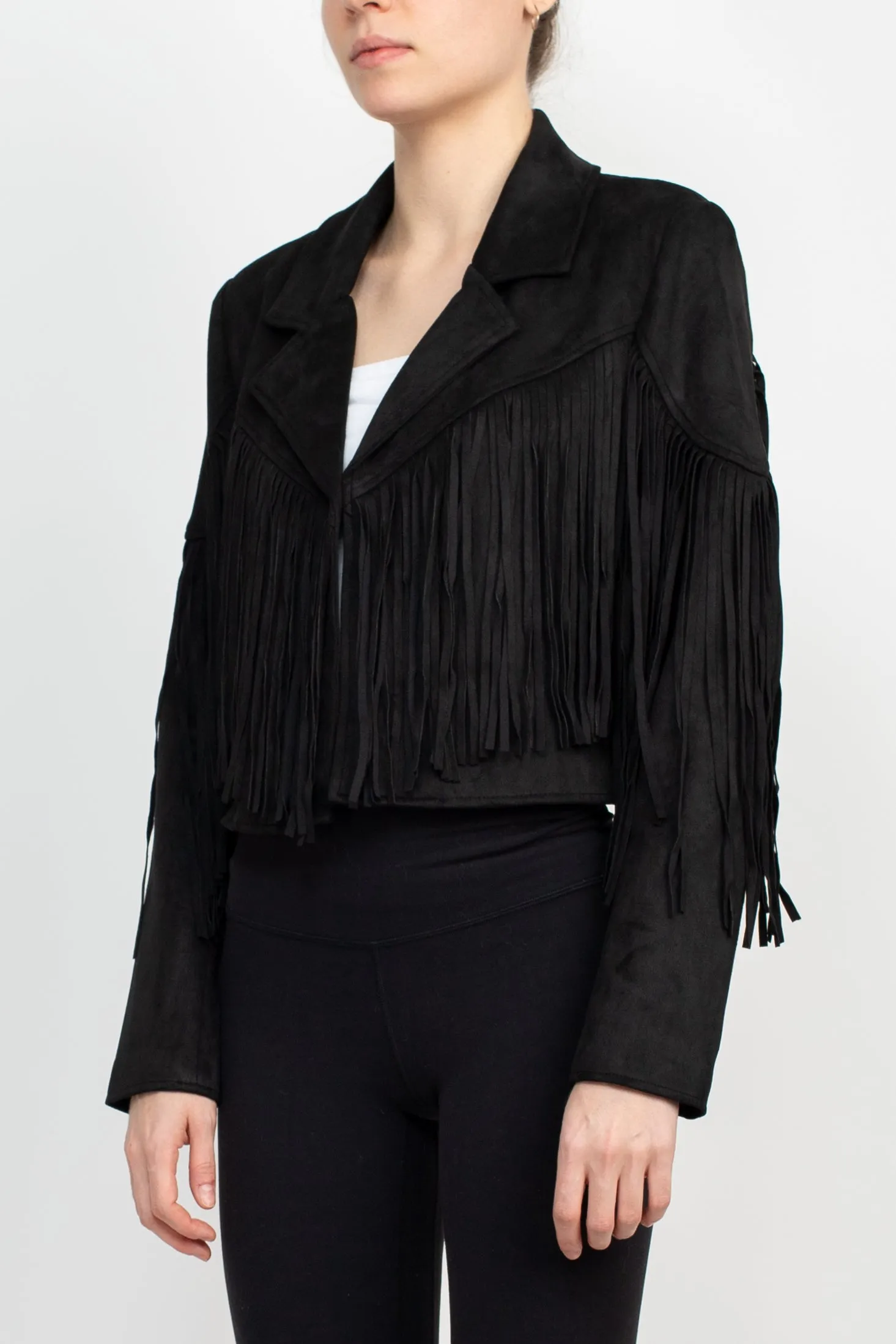Catherine Malandrino Collared Neck Open Front Fringe Detail Long Sleeve Jacket