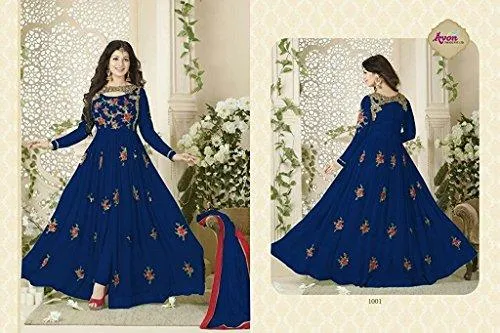 Clothfab Women Georgette Heavy Embroidery Work Pary Wear Anarkali Style Semi-Stitched Salwar Suit Dress Material With Dupatta (Blue-Colour)
