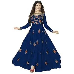 Clothfab Women Georgette Heavy Embroidery Work Pary Wear Anarkali Style Semi-Stitched Salwar Suit Dress Material With Dupatta (Blue-Colour)