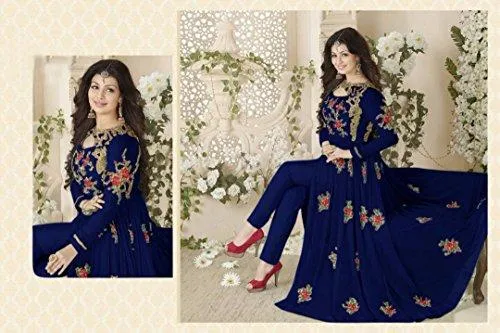 Clothfab Women Georgette Heavy Embroidery Work Pary Wear Anarkali Style Semi-Stitched Salwar Suit Dress Material With Dupatta (Blue-Colour)
