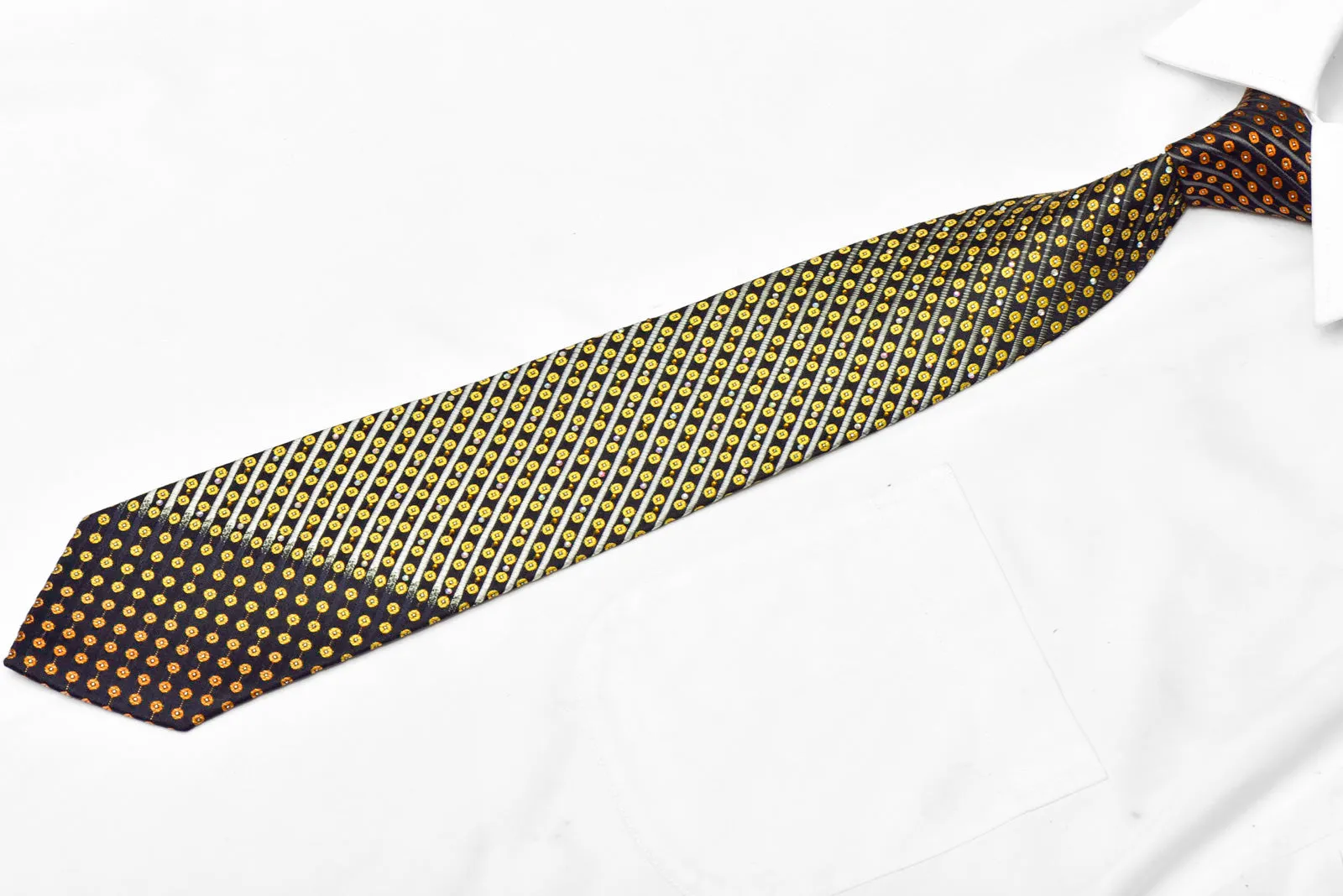 Gold Geometric Silver Striped On Black Rhinestone Tie With Sparkles