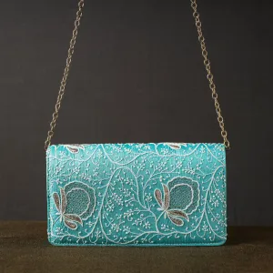 Green - Chikankari Hand Embroidery Tussar Silk Clutch / Sling Bag