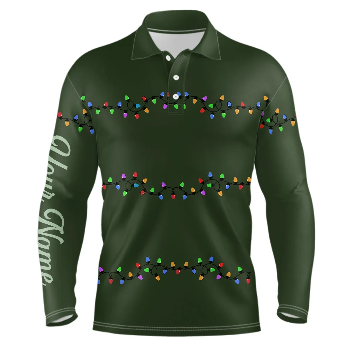 Green Christmas Light Mens Golf Long Sleeve Polo Shirts Custom Mens Christmas Golf Shirt, Xmas Golf Tops For Men