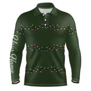 Green Christmas Light Mens Golf Long Sleeve Polo Shirts Custom Mens Christmas Golf Shirt, Xmas Golf Tops For Men