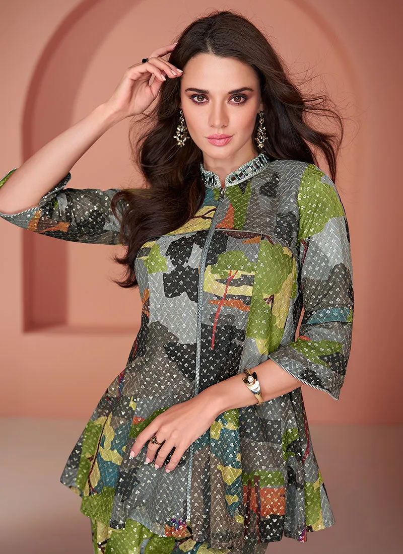 Green Multi Thread And Sequence Embellished Co-Ord Set
