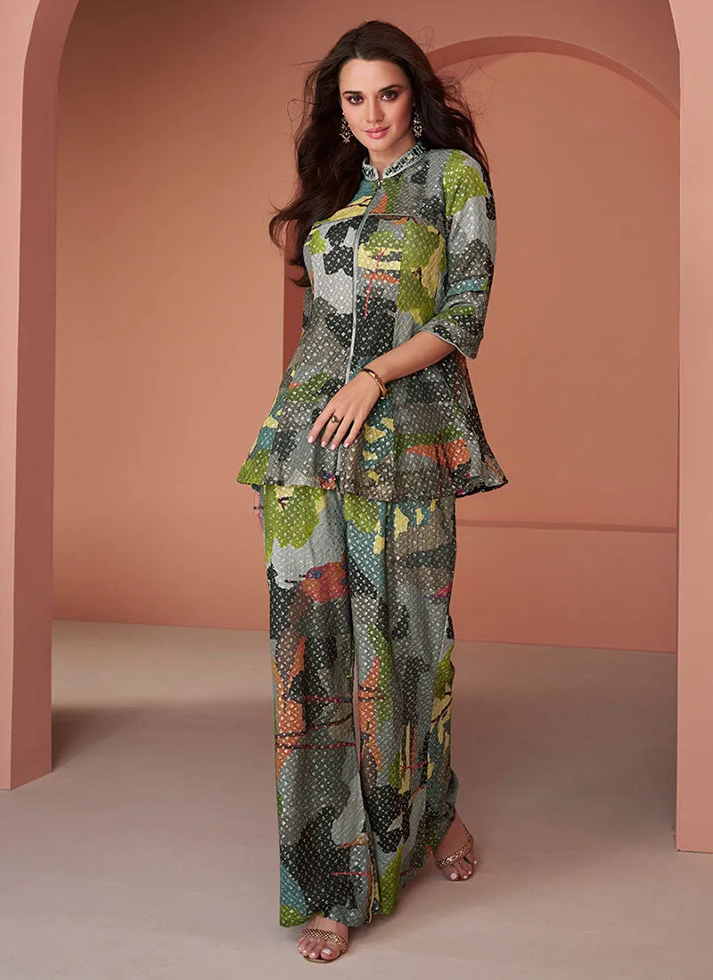Green Multi Thread And Sequence Embellished Co-Ord Set