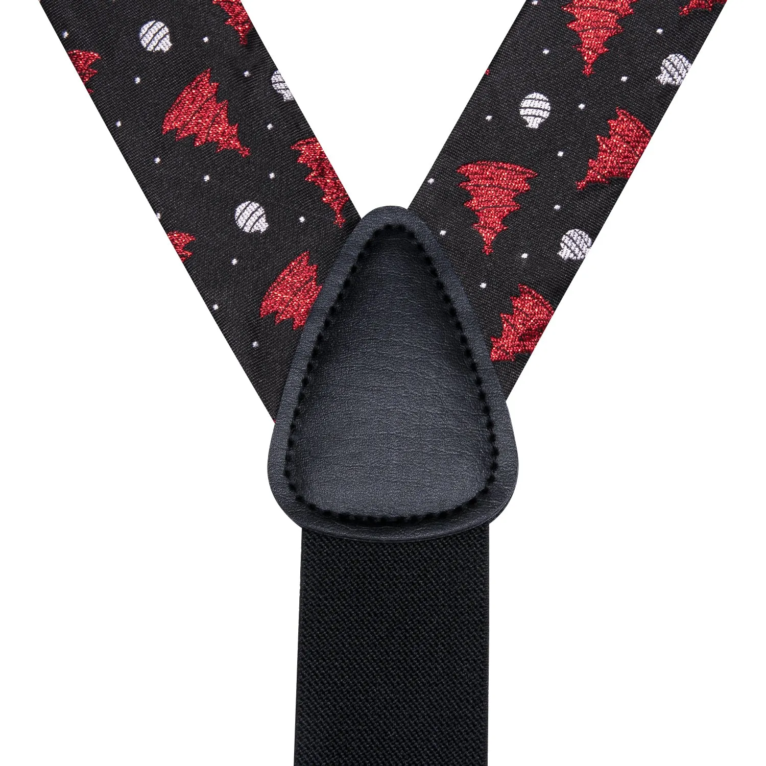 Hi-Tie Black Red Chritsmas Tree Suspender Bowtie Hanky Cufflinks Set