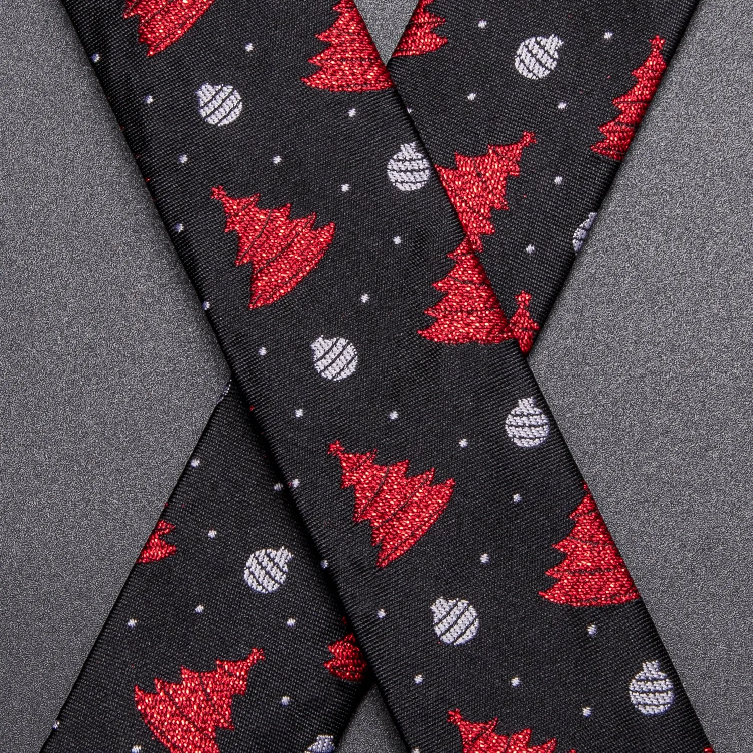 Hi-Tie Black Red Chritsmas Tree Suspender Bowtie Hanky Cufflinks Set
