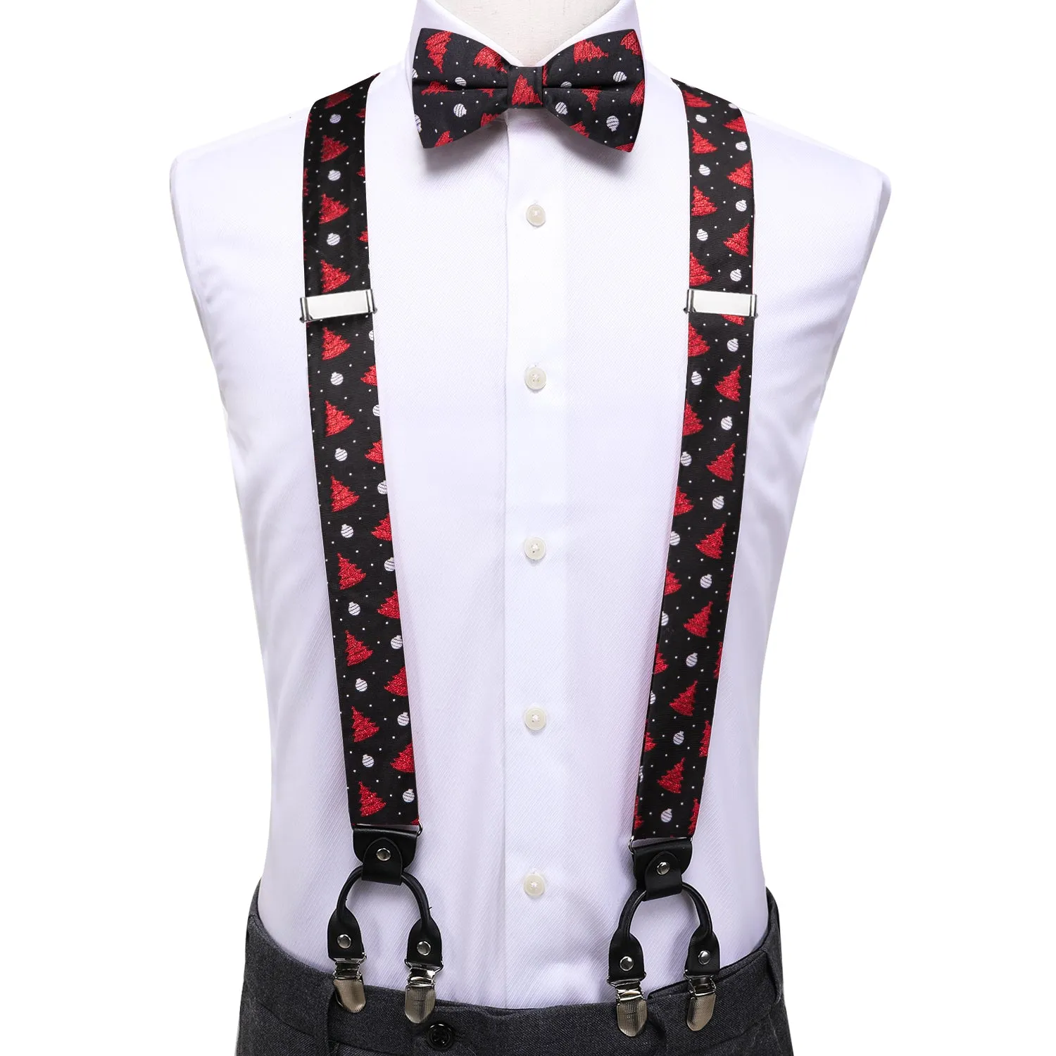 Hi-Tie Black Red Chritsmas Tree Suspender Bowtie Hanky Cufflinks Set