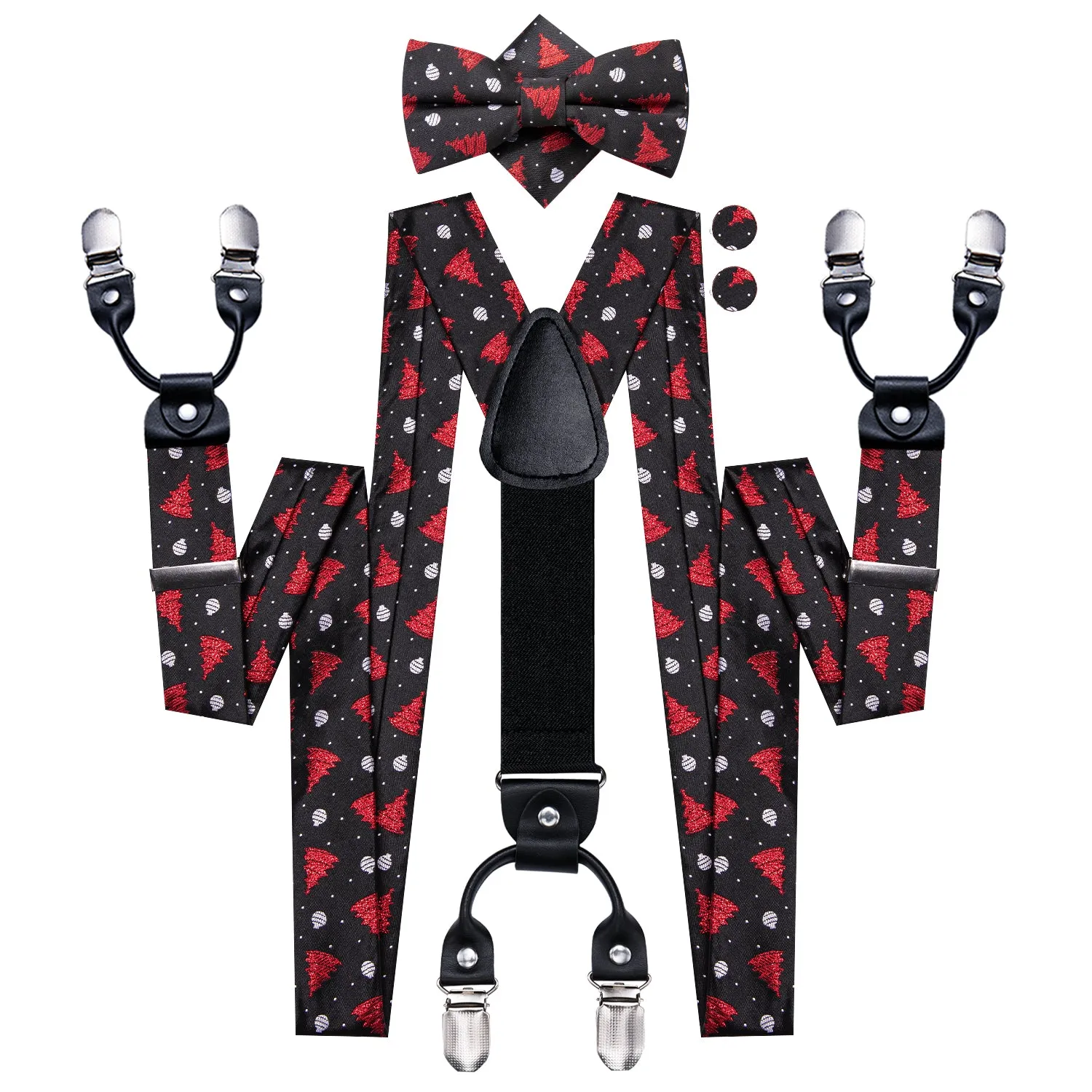 Hi-Tie Black Red Chritsmas Tree Suspender Bowtie Hanky Cufflinks Set