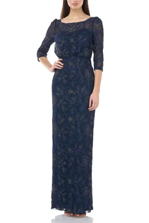 JS Collections Boat Neck 3/4 Sleeve Blouson Embellished Mesh Gown
