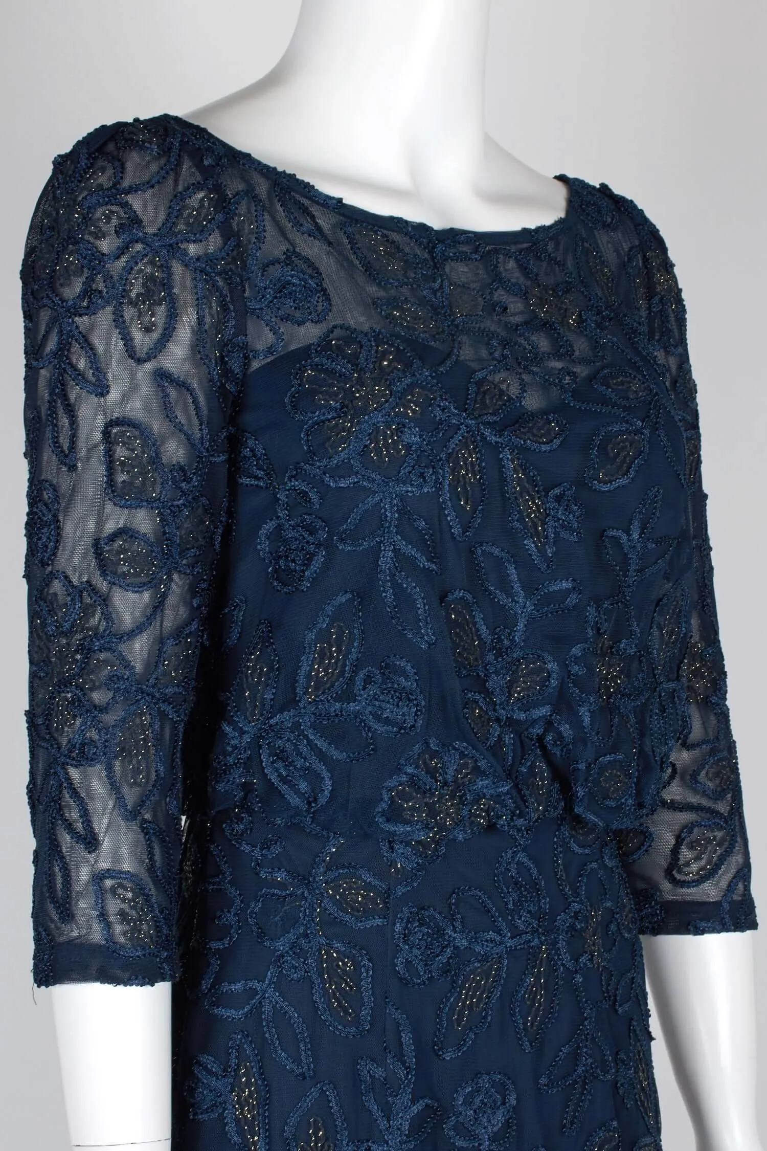 JS Collections Boat Neck 3/4 Sleeve Blouson Embellished Mesh Gown