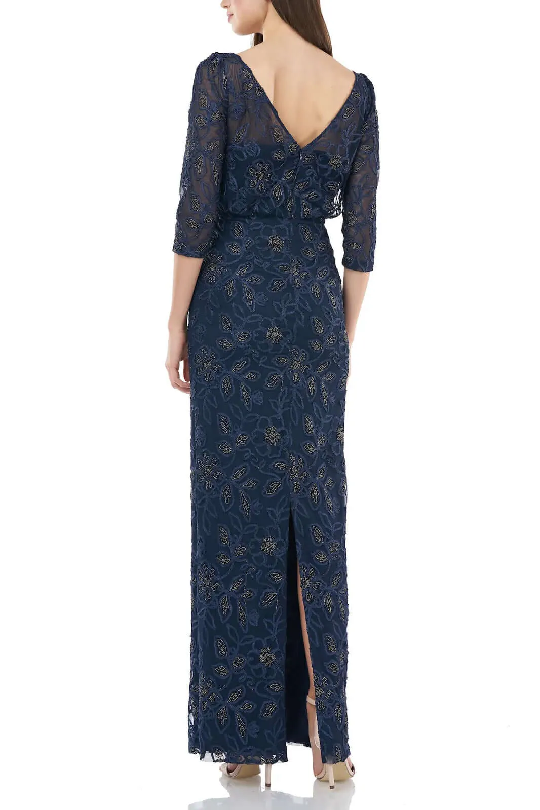 JS Collections Boat Neck 3/4 Sleeve Blouson Embellished Mesh Gown
