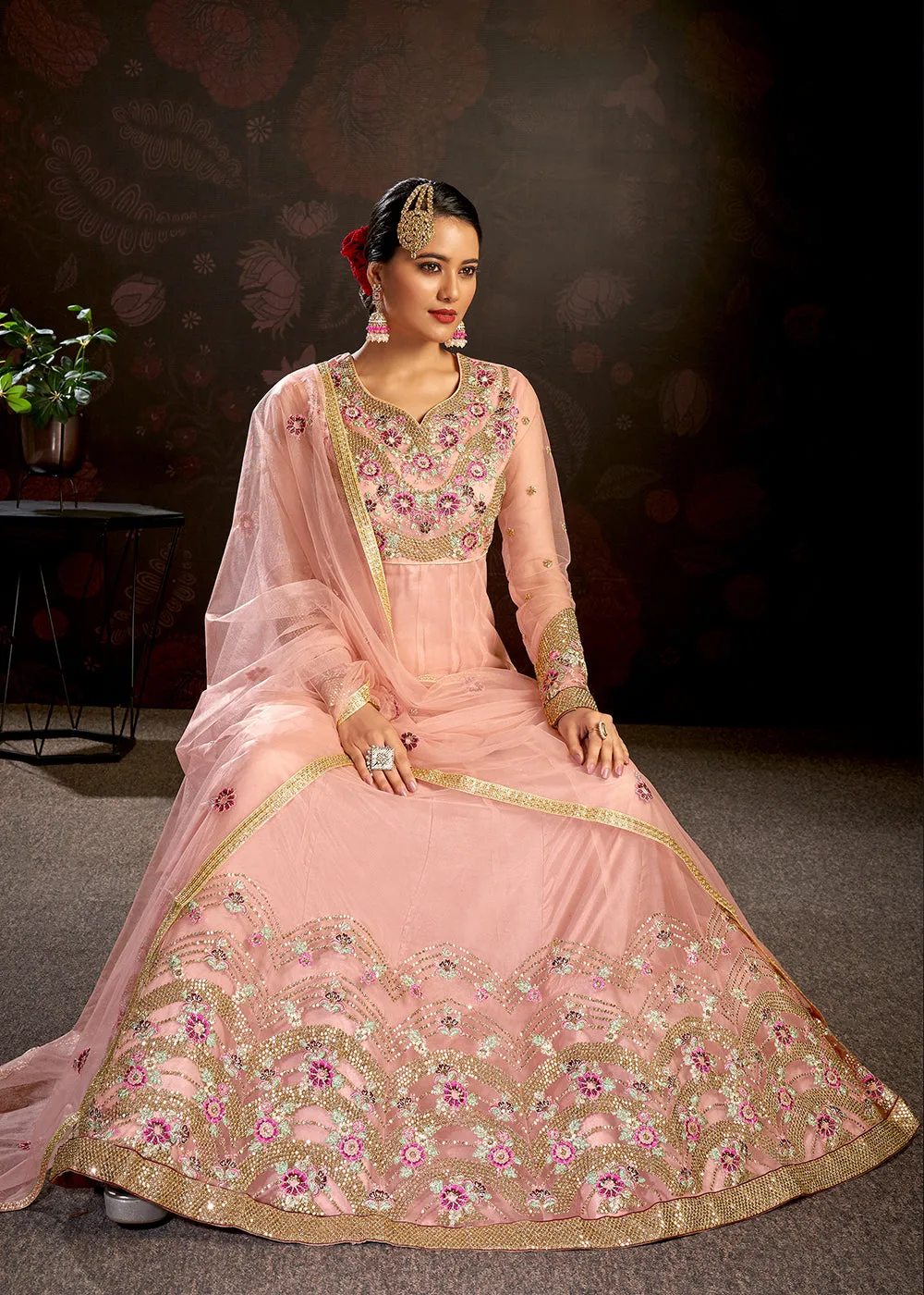 Light Pink Sparkly Net Embroidered Designer Anarkali Suit