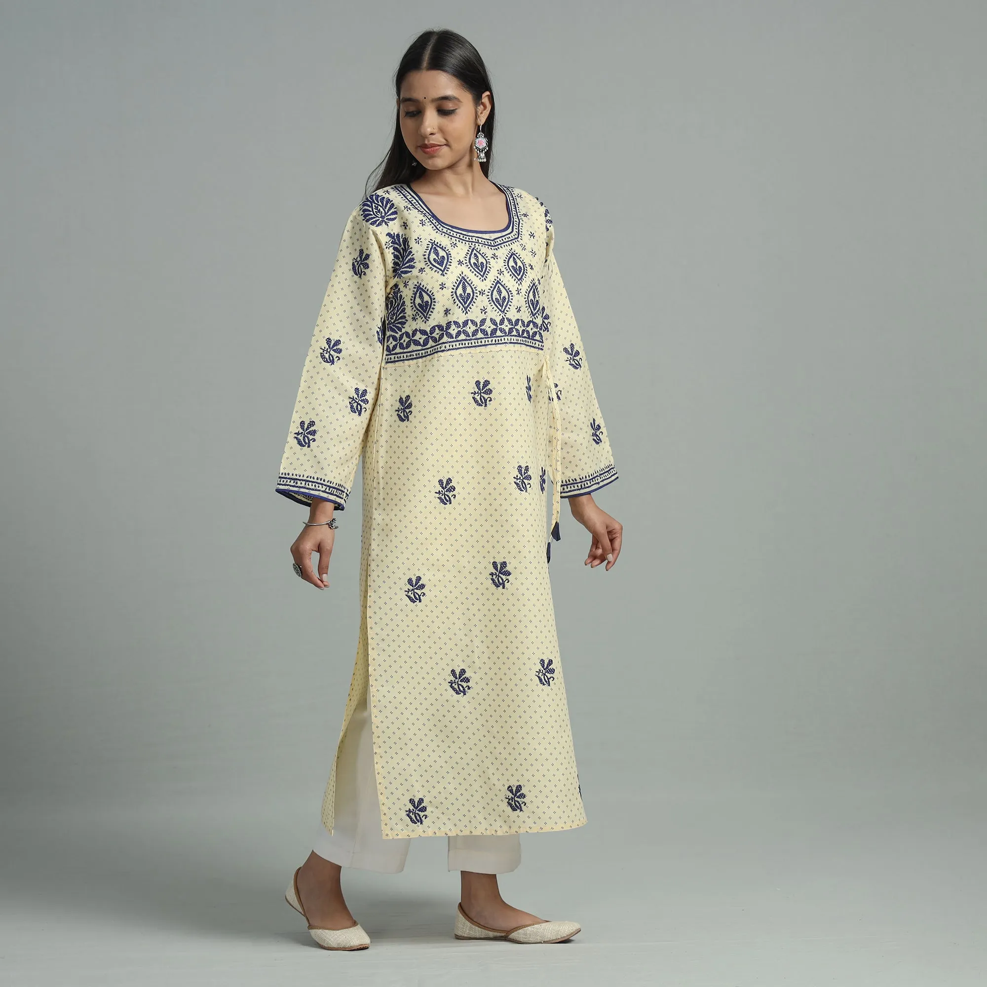 Light Yellow Chikankari Hand Embroidered Cotton Long Kurta