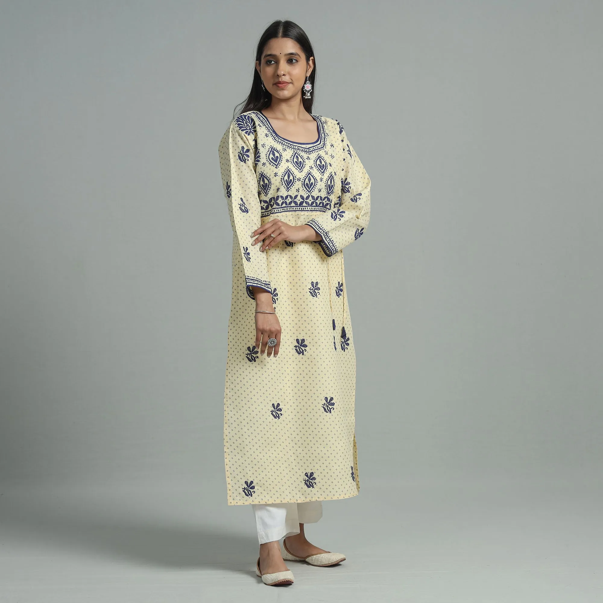 Light Yellow Chikankari Hand Embroidered Cotton Long Kurta