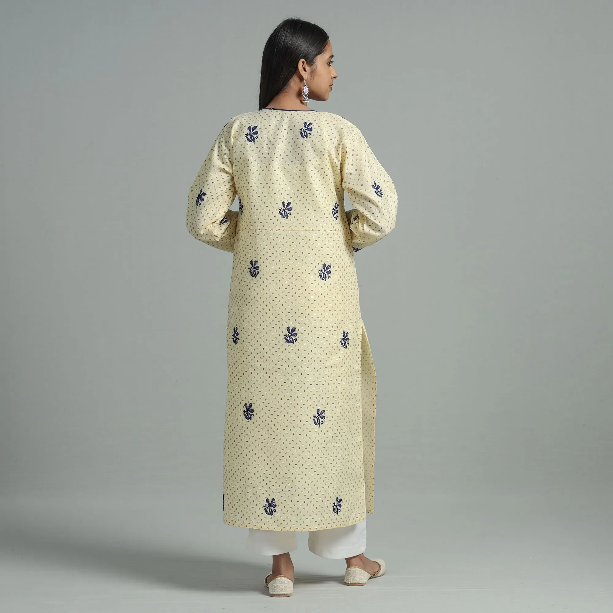 Light Yellow Chikankari Hand Embroidered Cotton Long Kurta