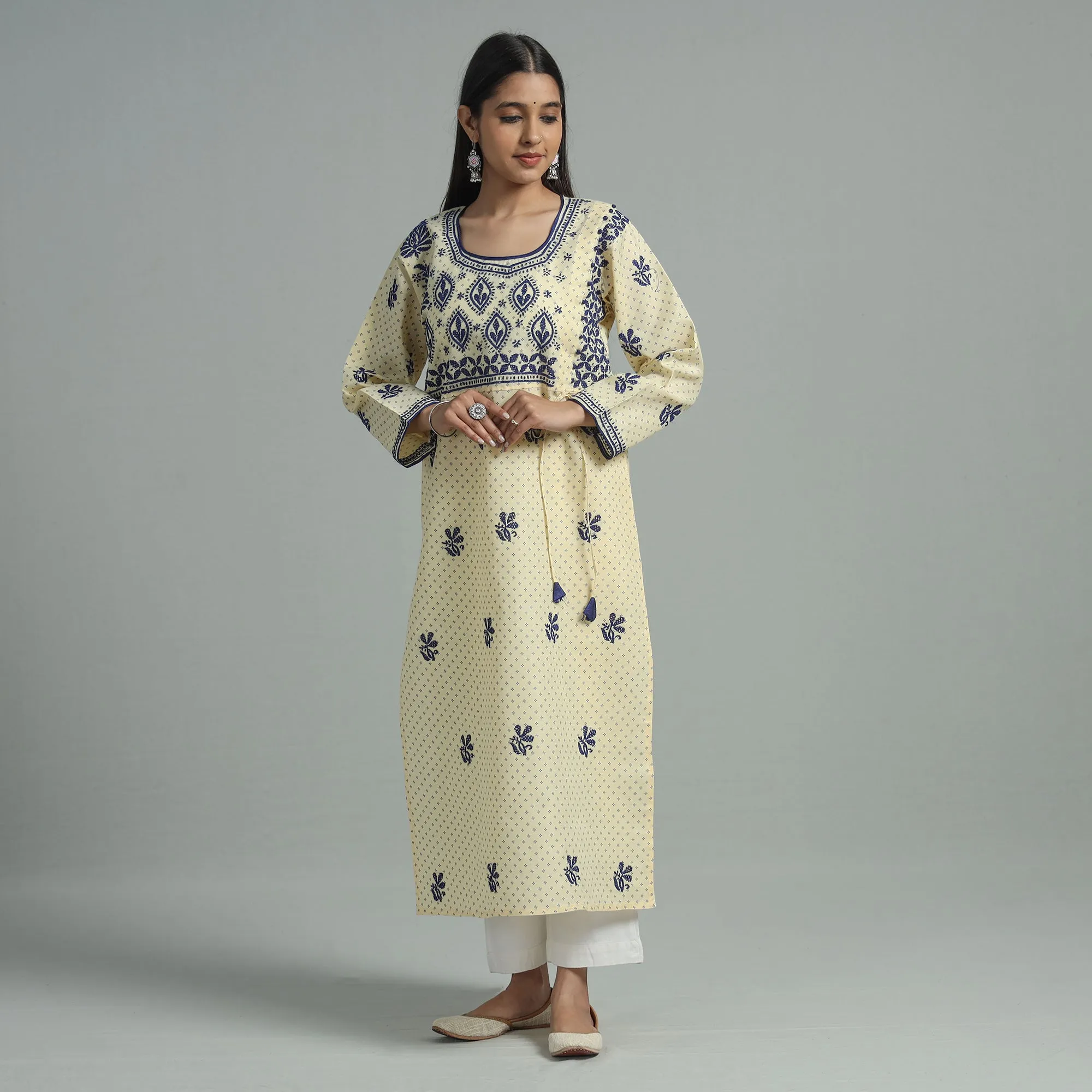 Light Yellow Chikankari Hand Embroidered Cotton Long Kurta