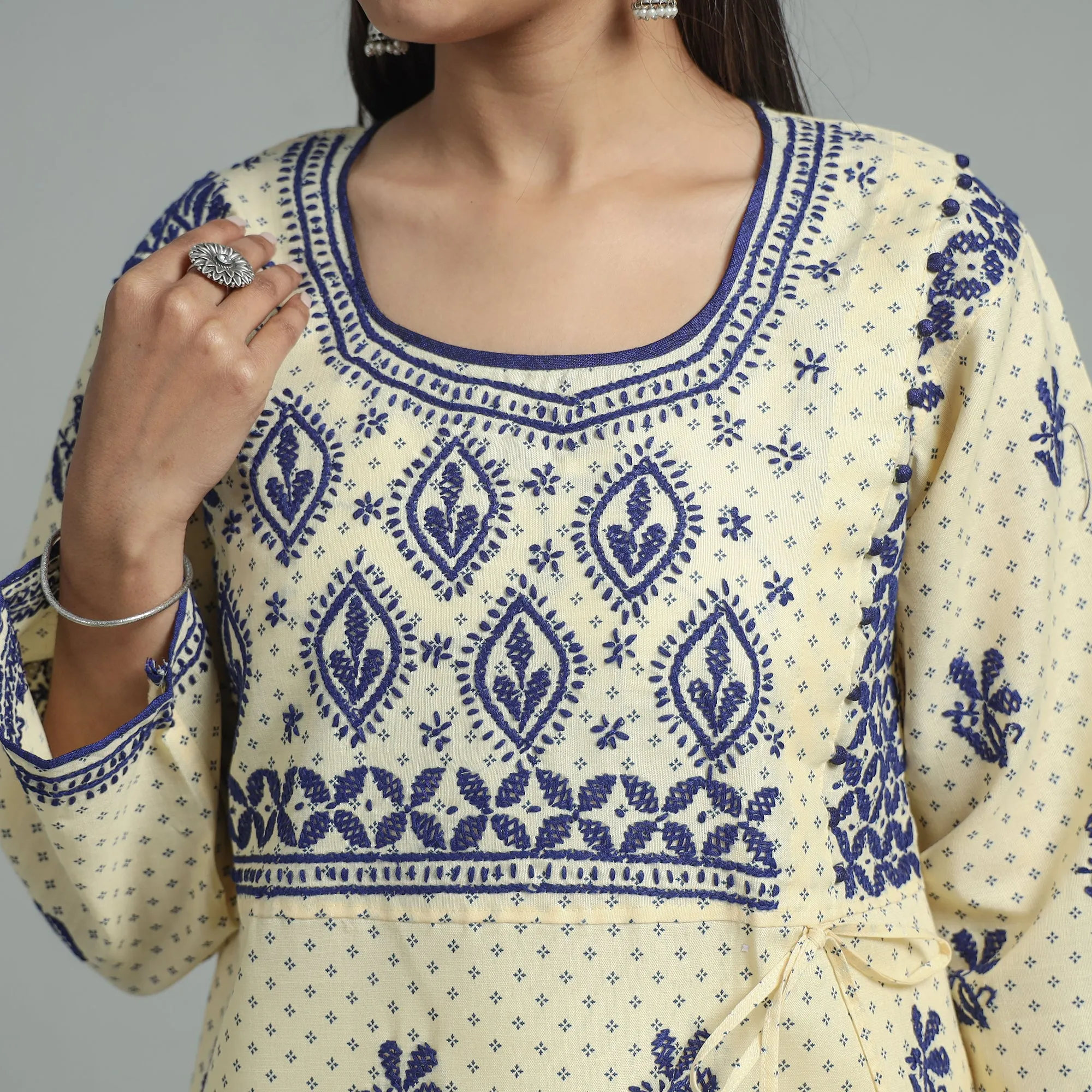 Light Yellow Chikankari Hand Embroidered Cotton Long Kurta
