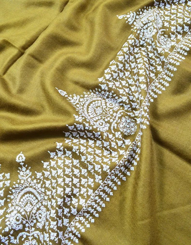Mehandi Green and white Embroidery Pashmina Shawl 7296