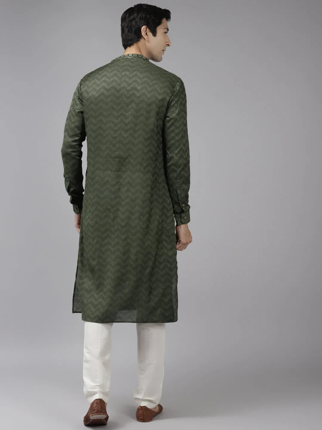 Men Green & Beige Woven Design Thread Work Kurta