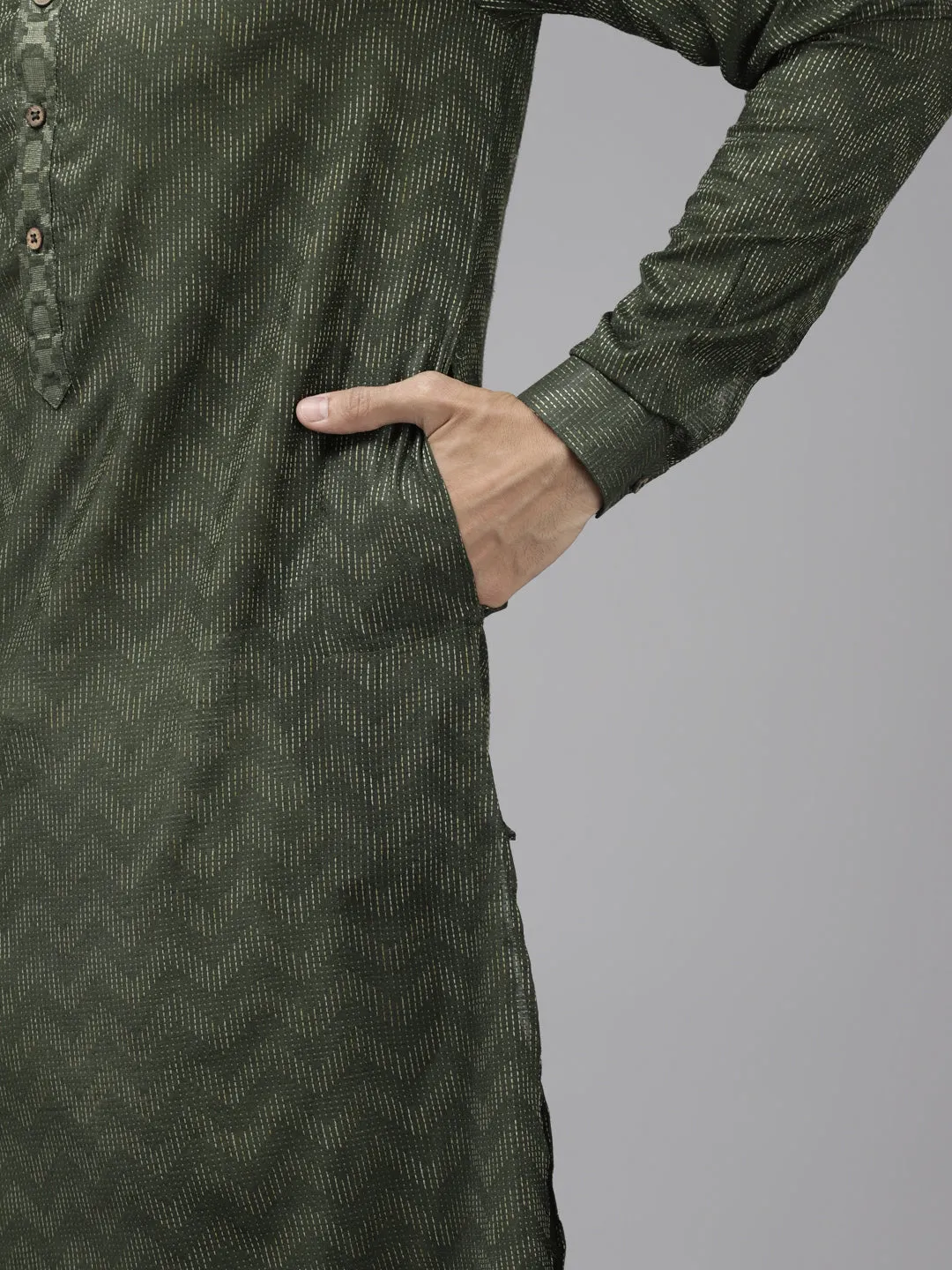Men Green & Beige Woven Design Thread Work Kurta