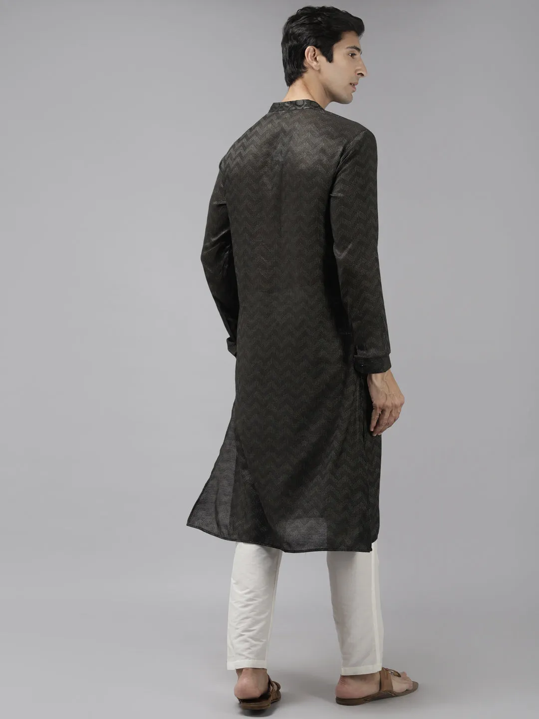 Men Olive & Beige Woven Design Thread Work Kurta With Pyjama