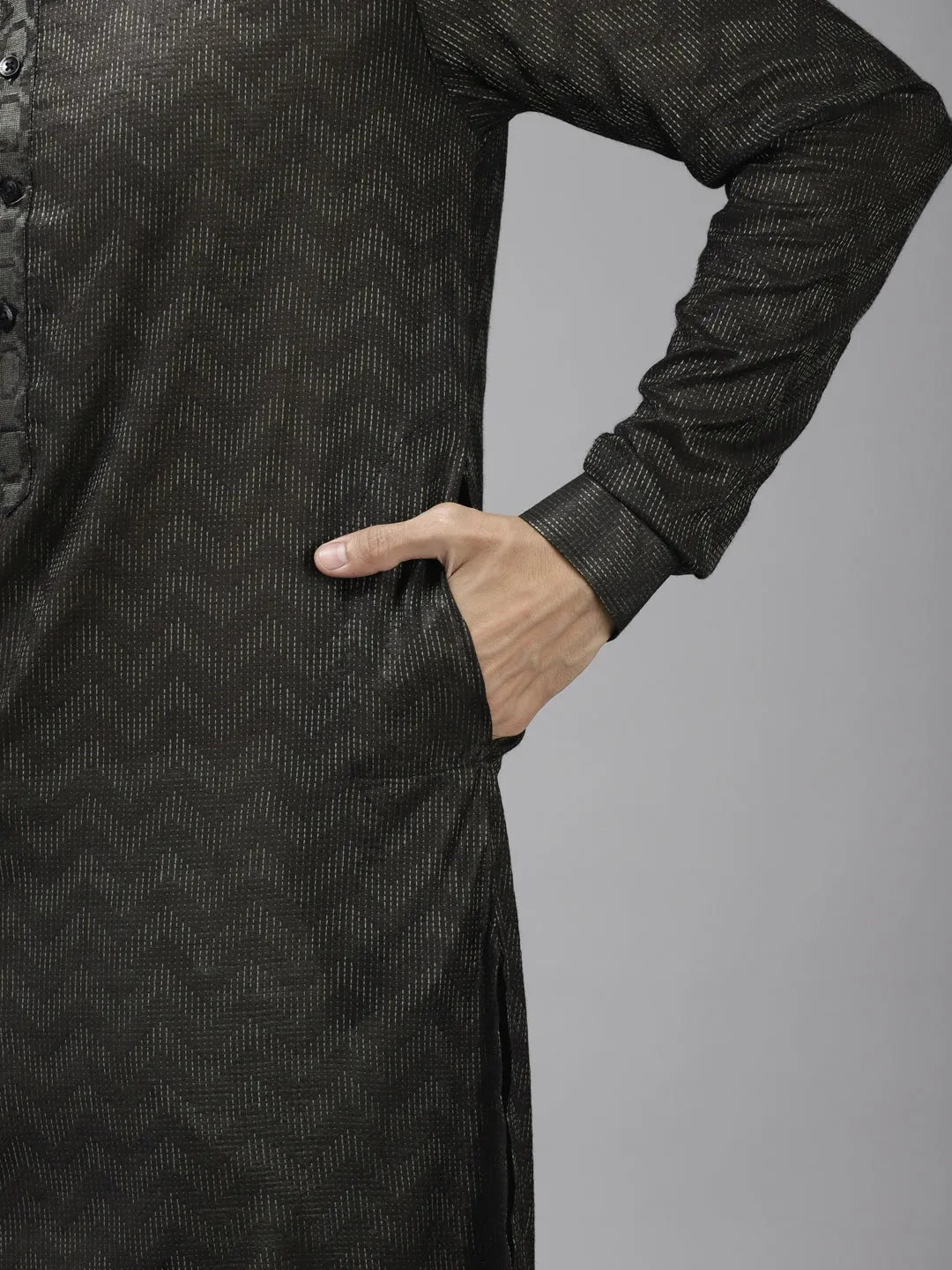 Men Olive & Beige Woven Design Thread Work Kurta With Pyjama