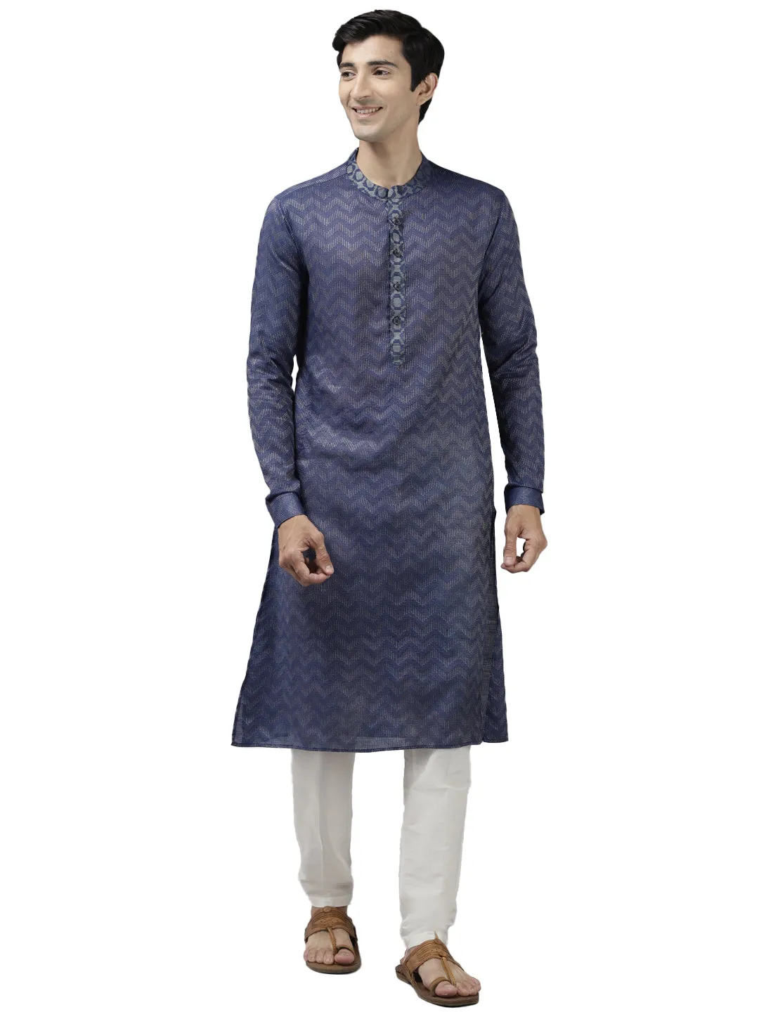 Men Purple & Beige Woven Design Thread Work Kurta