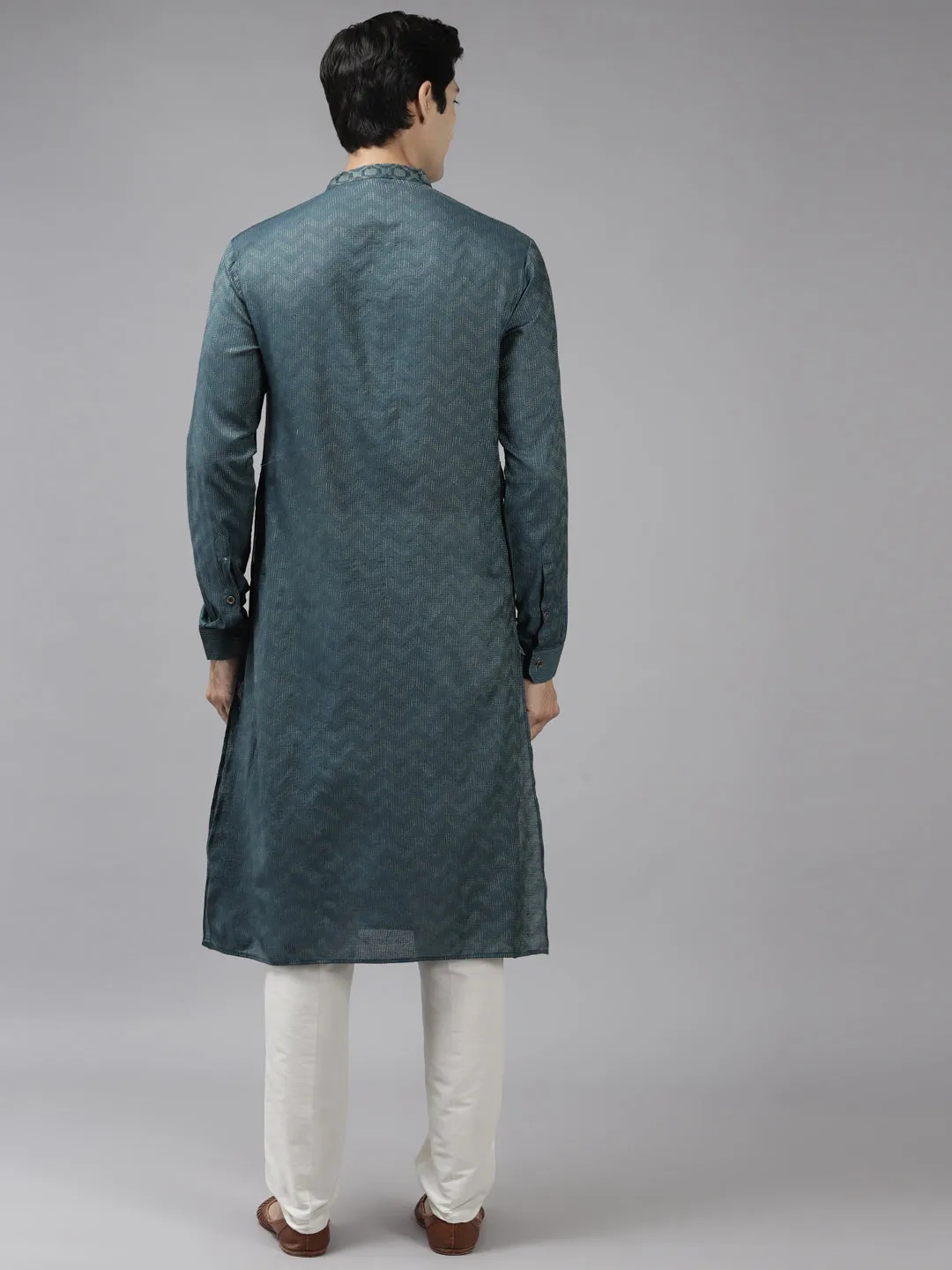 Men Teal & Beige Woven Design Thread Work Kurta
